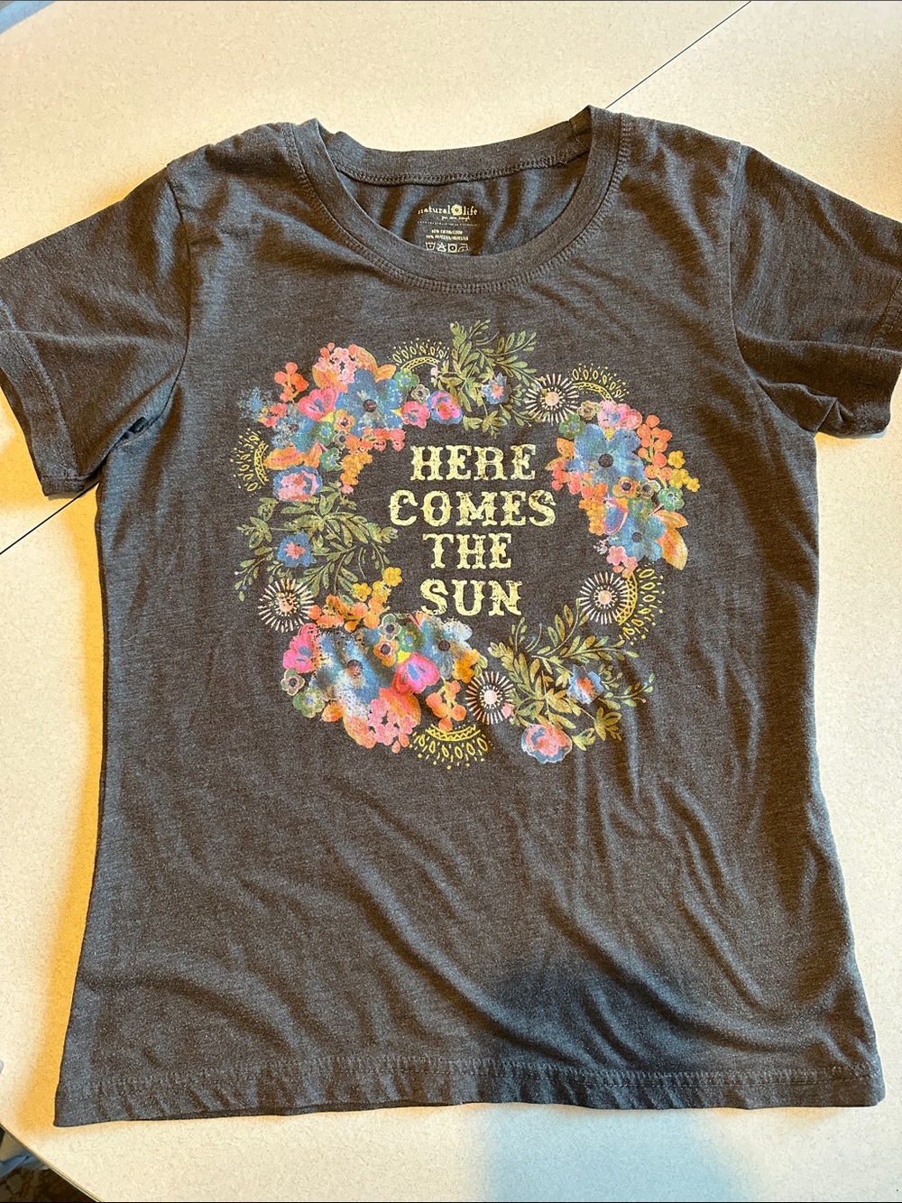 NATURAL LIFE Blackish Gray Graphic Tee with Multicolor Floral Wreath